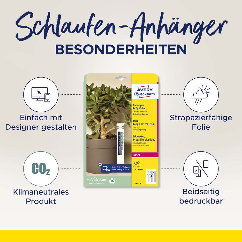 Oznake z zanko bele poliestrske obojestranske Avery Zweckform T3008-10, 250 x 25 mm